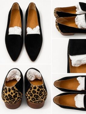 crown & ivy Black Suede Pointed-Toe Loafers with Leopard Heel